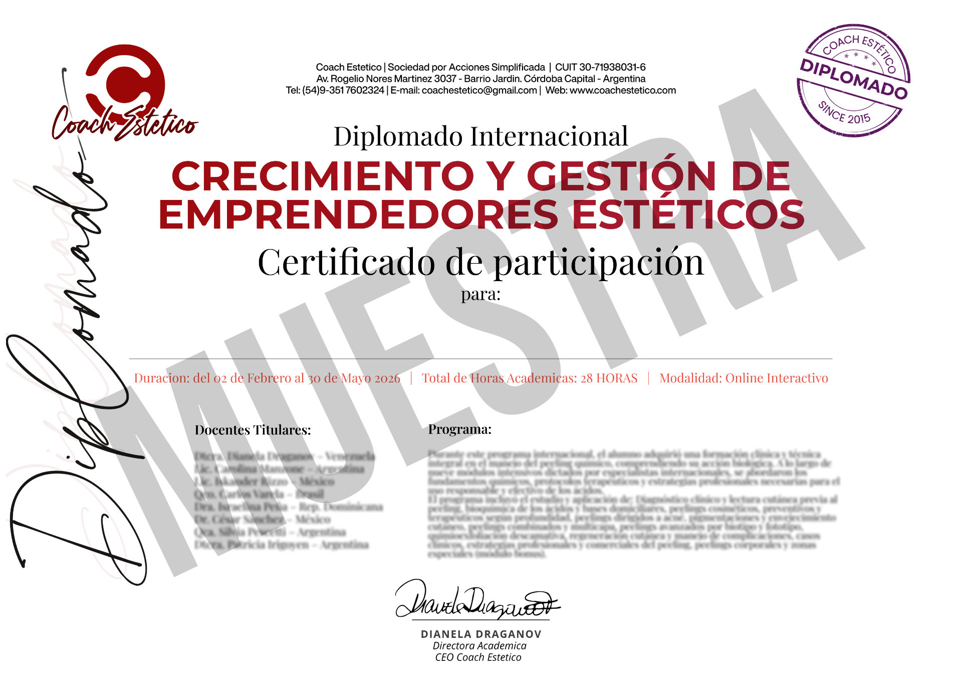 Certificado de participación Coach Estético